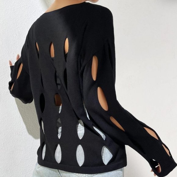 Black Preppy Womens Cut Out Drop Shoulder Sweater - Picture 2 of 5